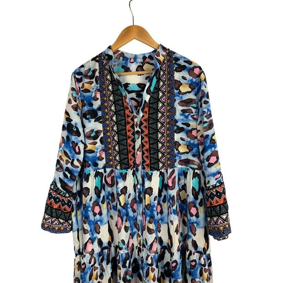 Colorful Bohemian Maxi Dress With Vibrant Patterns & 3/4 Sleeves - Picture 3 of 5